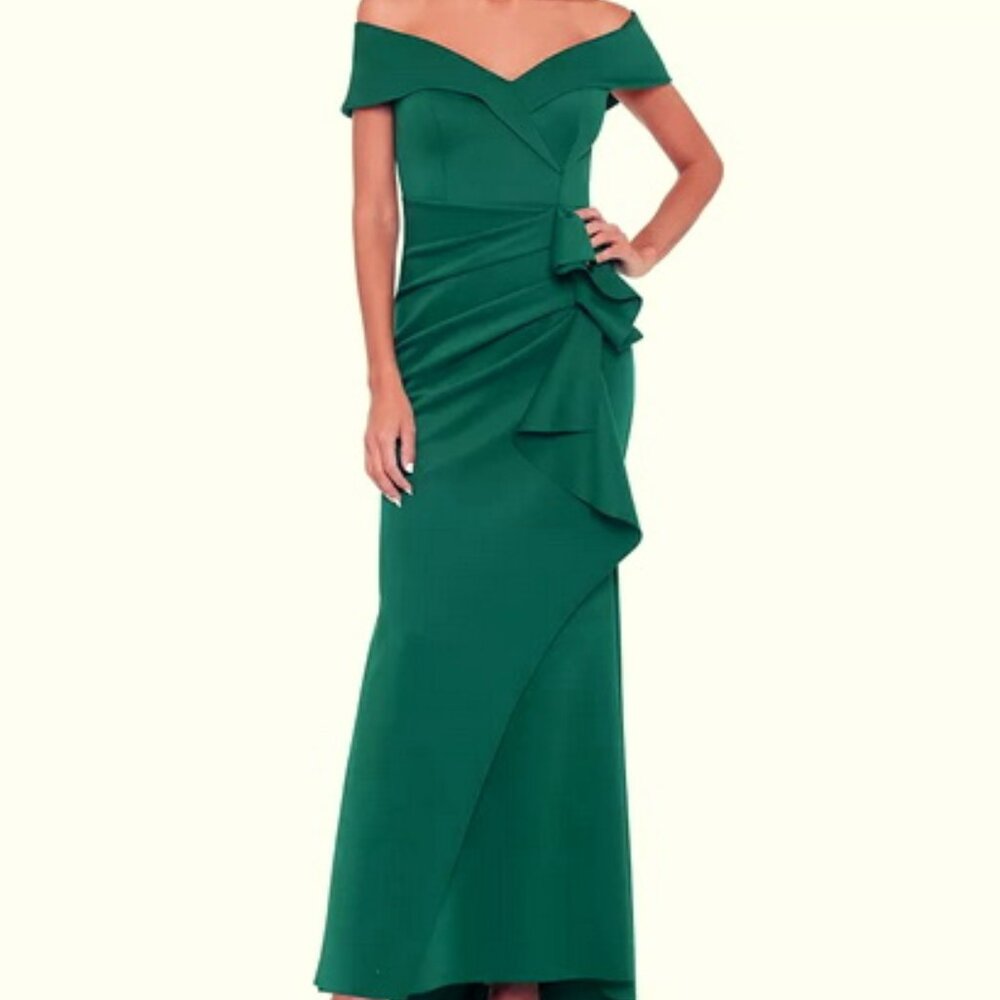 Xscape Hunter Green Ava Off the Shoulder Side Ruffle Evening Gown
